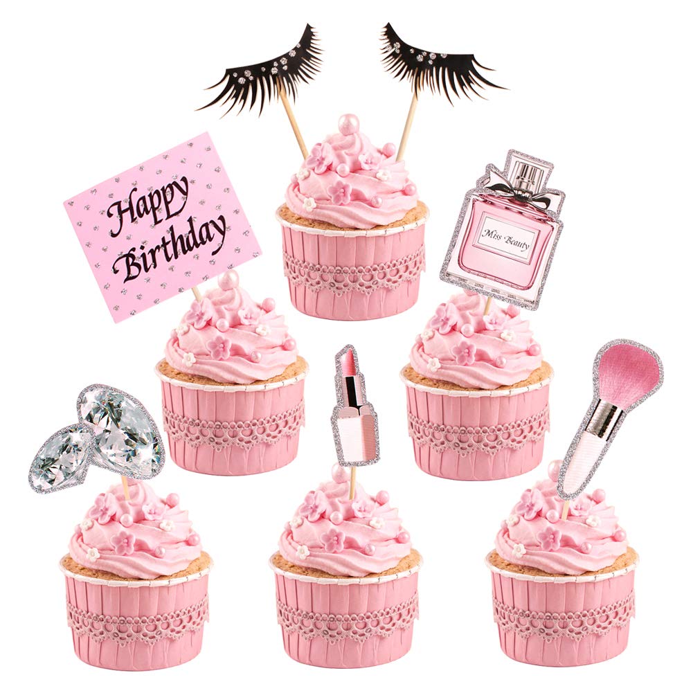 Photo 1 of 35pc Makeup Cupcake Toppers Happy Birthday Glitter Cosmetics Theme Bridal Cake Toppers Party Cake Decoration Supplies
