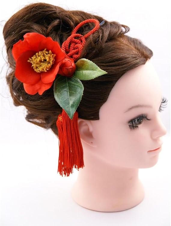 Amazon 椿 ヘアアクセサリ ｕピン 2本セットと結び紐ヘアアクセ 赤色 ウェディング結婚式披露宴二次会パーティ成人式髪飾り 和装小物 通販