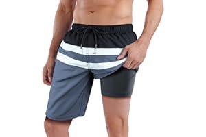 QRANSS Mens Swimming Trunks with Compression Liner 9'' Quick Dry Long Swim Shorts Swimwear Boardshorts with Boxer Brief Liner
