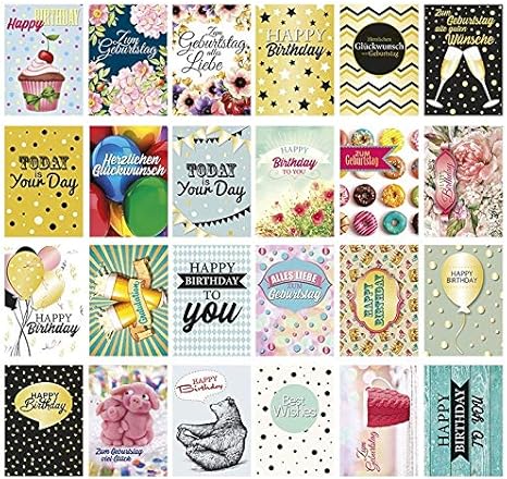 24 Cartoline Per Compleanno Set Di Biglietti Di Compleanno Con Motivi Divertenti Din A6 250 G Mq 24 Diversi Design Amazon It Cancelleria E Prodotti Per Ufficio