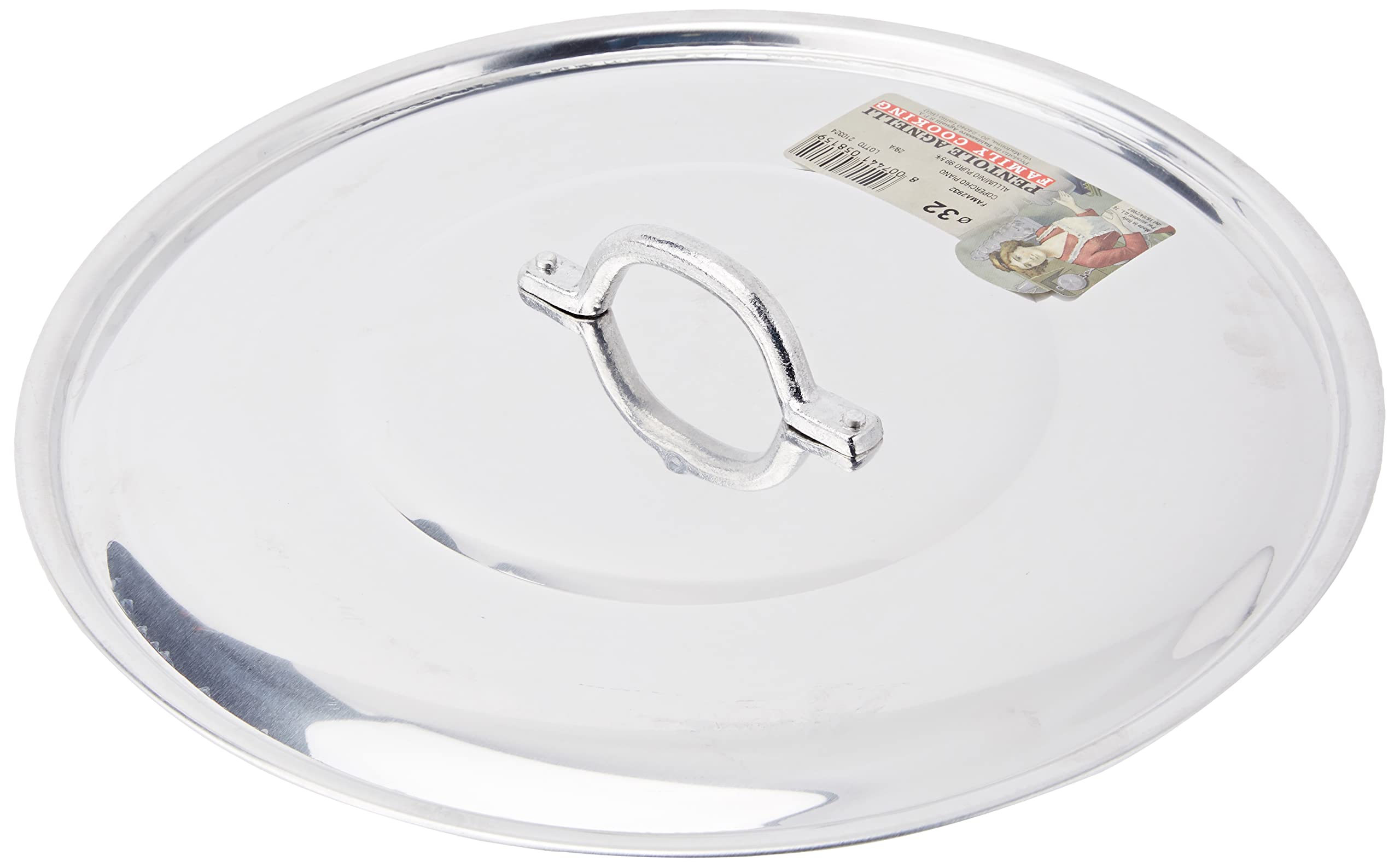Pentole Agnelli FAMA2932 Flat Lid with Handle, Rim and Bridge, Heavy Type in BLTF Aluminum, Polished Silver , 32 cm