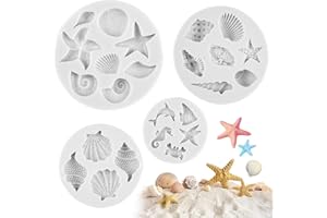 Kynetik 4 Pieces Shells Fondant Moulds, Mermaid Cake Topper with Sea Motifs, Conch Sea Shell Silicone Mold for Baking, Starfi