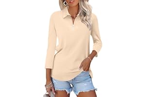 TICTICMISS Womens Tops 3/4 Sleeve Polo Shirts Business Casual V Neck Collared Shirts Basic Tees Blouse