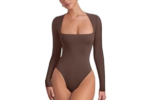 Cyanstyle Women's Sexy Square Neck Long Sleeve Double Lined Bodysuit Tops Fall Winter Outfits 2025