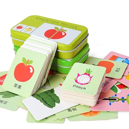 Amasawa 64 Stück Flash Cards Erkenntnis Puzzle Lernkarten Pädagogisches Spielzeug mit Eisen Aufbewahrungsbox für Kleinkinder 