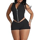 Ophestin 2 Piece Going Out Sets for Women Sexy Zip Up Crop Tank Top Bodycon Biker Shorts Set Club Gym Outfits