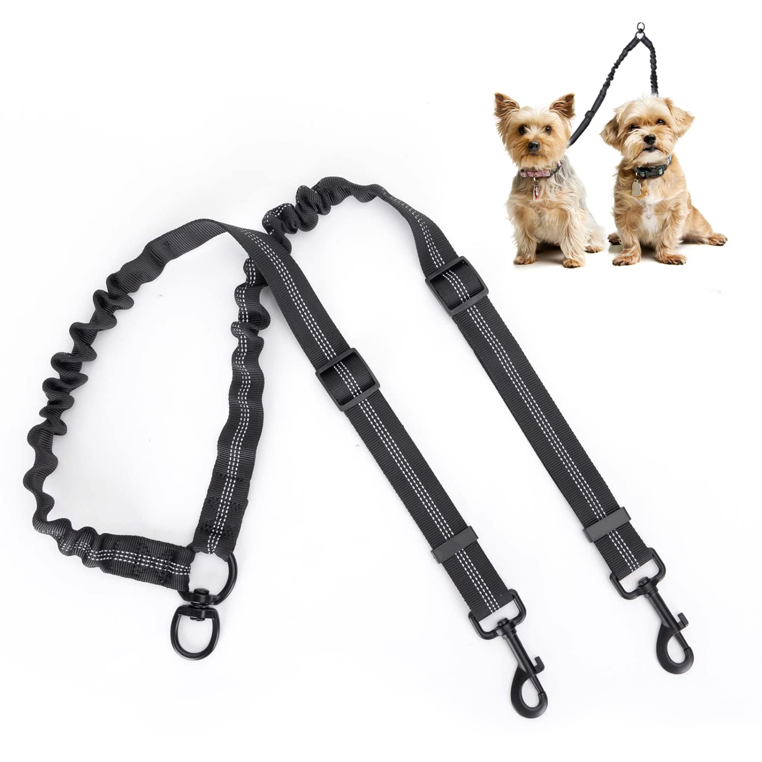 Nobleza Double Dog Lead, No Tangle 360°Swivel Rotation Double Ended Dog Lead Coupler Splitter for Walking Two 2 Dogs, Reflective Adjustable Bungee Sturdy Dual Dog Leash for Small Medium Large Dogs