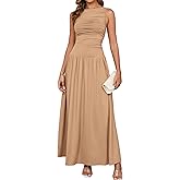 EYNMIN Summer Sleeveless Long Dress Crewneck Ruched Tank Flowy A Line Casual Formal Wedding Guest Dresses for Women