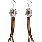 Boho Western Cowgirl Earrings for Women Vintage Leather Tassel Long Drop Earrings Bohemian Brown Leather Earrings Western Trendy Jewelry for Women