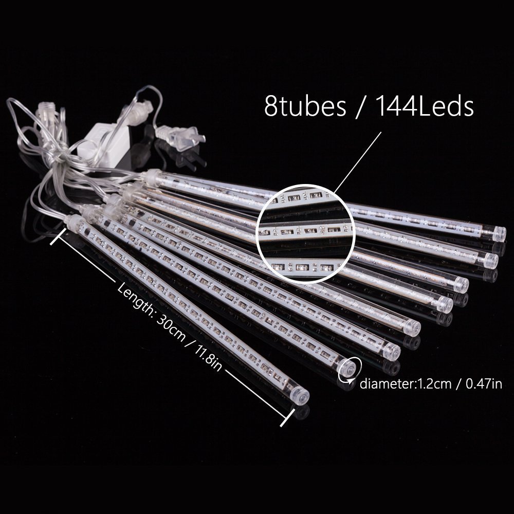 ZCplus LED Meteor Shower String Lights 11.8 Inch 8 Tube 144 LEDs Snow Falling Raindrop Cascading Light for Wedding Xmas Garden Tree Decor ( White)