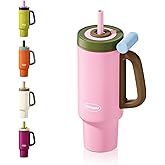 Sidagar 36 oz Tumbler with Handle and Straw, Ceramic Lined Water Bottle Vacuum Insulated Cup, Stainless Steel Travel Mug with Lid,Fits Cup Holder, Leak Resistant Press-in Lid, Pink