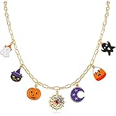 Halloween Charm Necklace for Women, Ghost Witch Hat Black Cat Pumpkin Spider Web Moon Candy Charms Chokers Necklace, Party Long Paper Clip Chain Necklaces Halloween Costume Party Jewelry Set Gifts