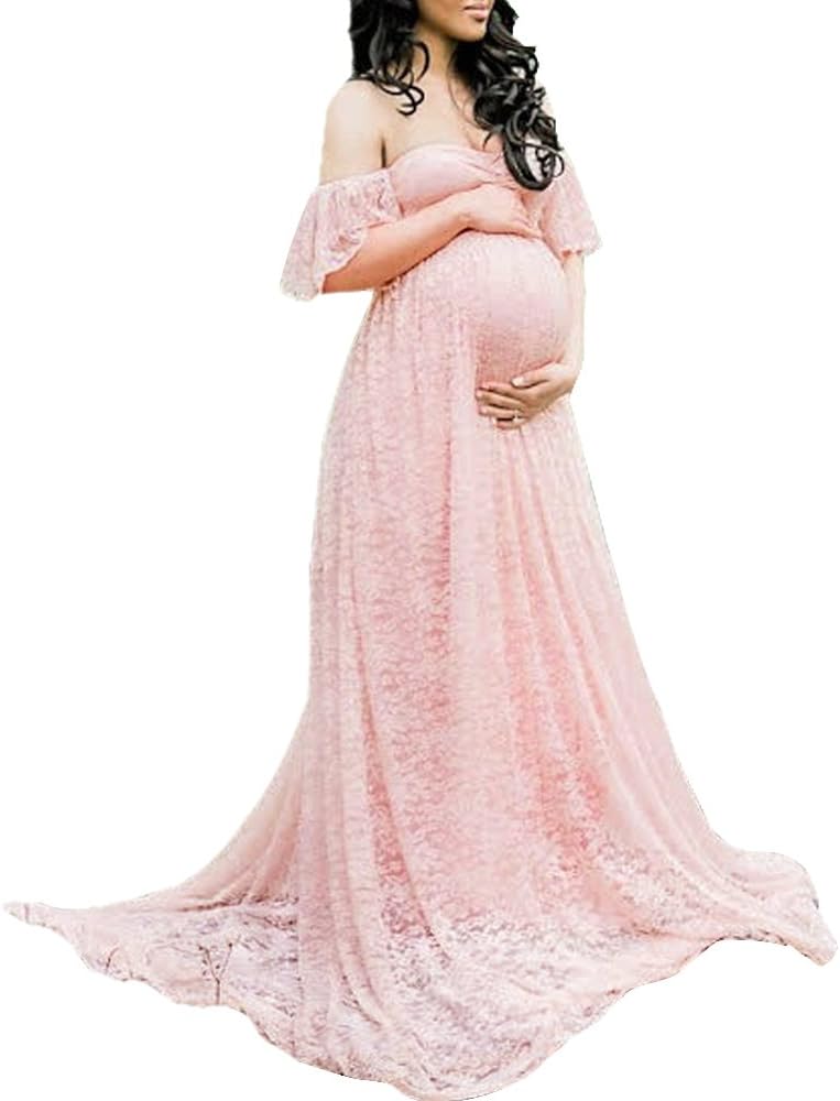 Womens Off Shoulder Lace Overlay Photography Gown Maternity Maxi Dress