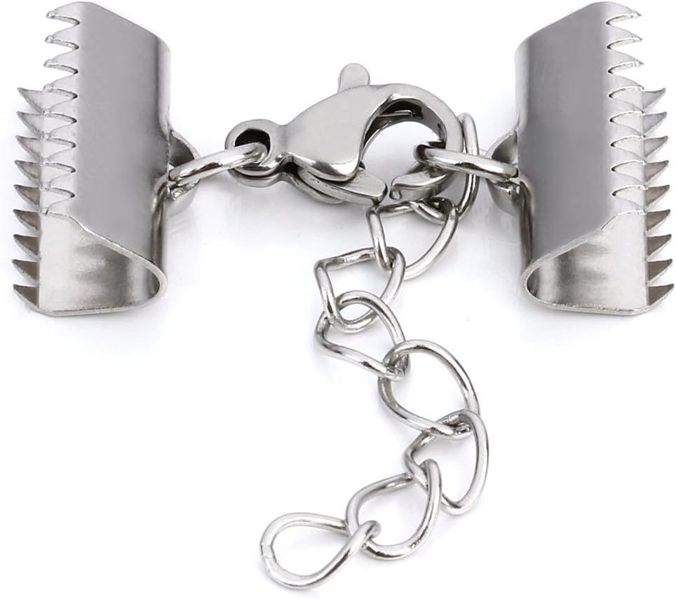 Linsoir Beads Stainless Steel 6.5mm Ribbon End Clamp Crimps with Lobster Clasp and Extension Chain Flat Crimp End Clamps Cord Ends 10 Sets