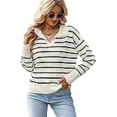 BQDCQB Women Striped Sweater Polo V Neck Long Sleeve Loose Sweater Knit Pullover Jumper Tops