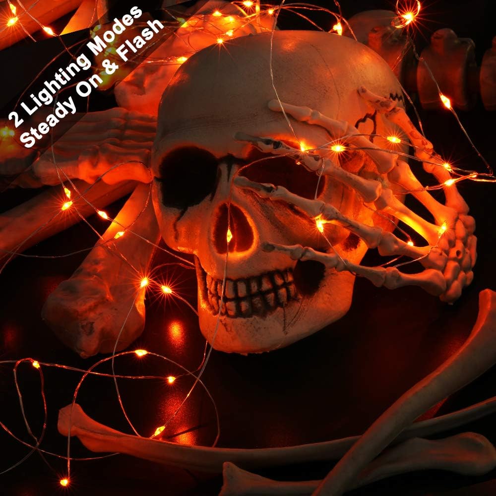 BrizLabs Orange Halloween Lights, 19.47ft 60 LED Orange Fairy Lights String, 2 Modes Battery Halloween String Lights, Indoor Silver Wire Twinkle Lights for Halloween Themed Party Carnival Decorations : Garden & Outdoor