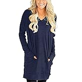 LERUCCI Womens Casual Long Sleeves Sweatshirt Solid V-Neck Tunics with Pockets Navy Blue Small