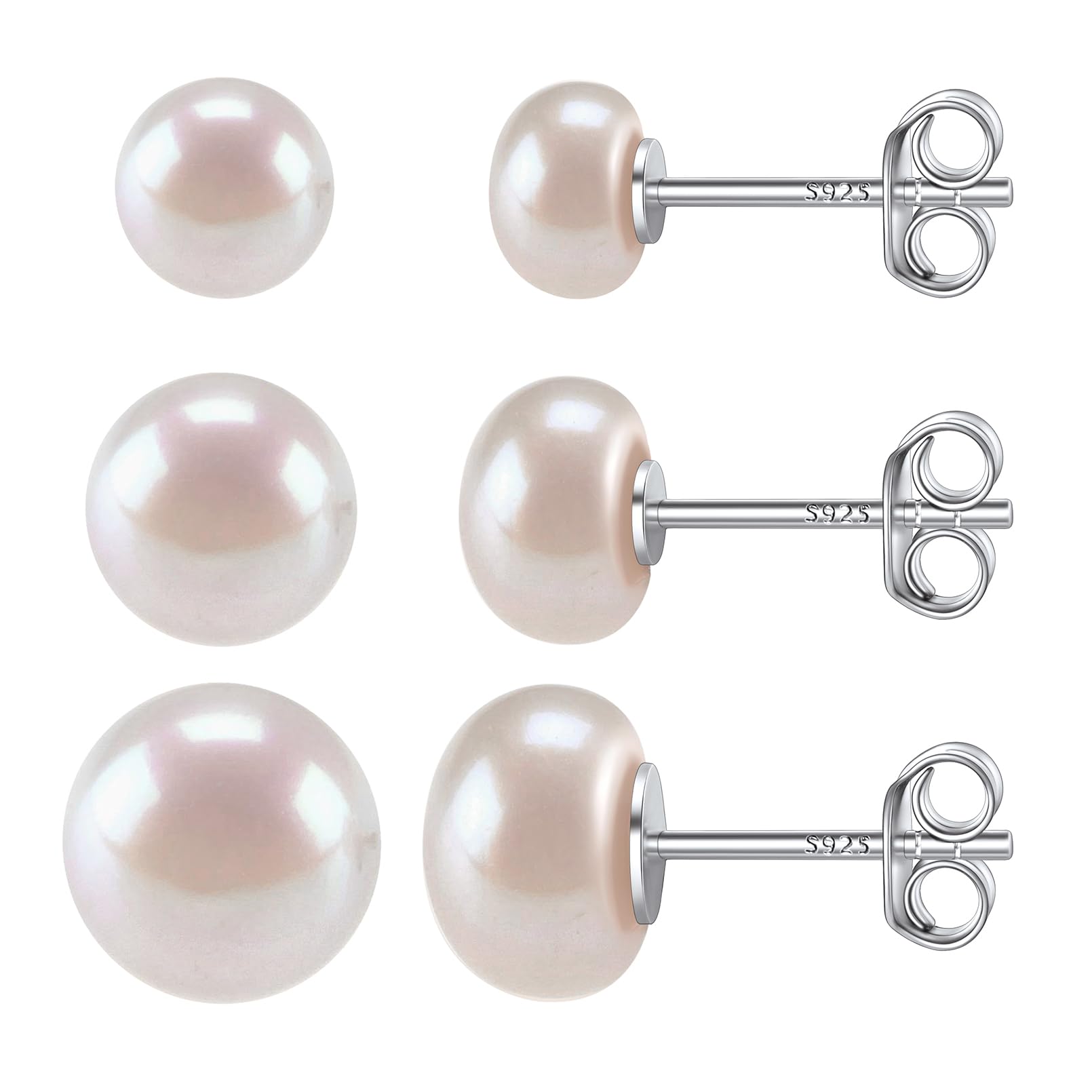 ChicSilver 925 Sterling Silver Freshwater Cultured Pearls Stud Earrings Set 6/8/10mm Earring Hypoallergenic Minimalist Jewelry for Women