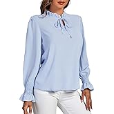 Rooscier Women's Frill Mock Neck Self Tie Shirred Ruffle Long Sleeve Elegant Blouse