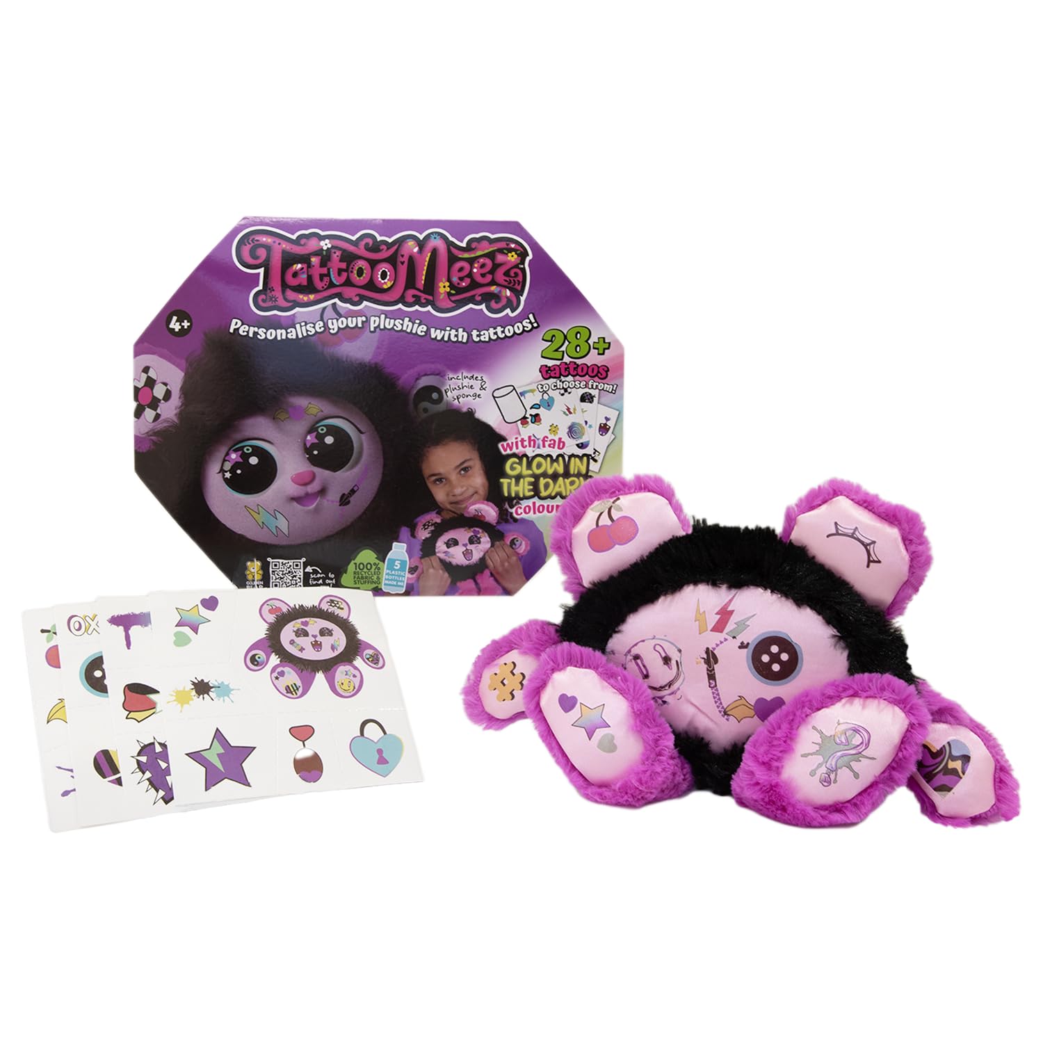TattooMeez Glow in the Dark, craft kits to create a personalised bear, with the glow in the dark temporary tattoos also suitable for skin. Peel, tattoo and unbox, fun craft kits for kids. Age 4+