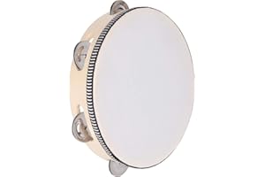 Dreokee Tambourines Musical Instrument for Adults, 8 inch Wooden Hand Held Drum Bell Tamborine with Birch Metal Jingles Single Row Percussion Hand Tambourine for Church, KTV, Party, Game