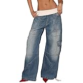 Quzzion Womens Baggy Cargo Jeans High Waisted Wide Leg Barrel Denim Pants Casual Patchwork Straight Jeans with Pockets