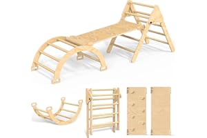 Pelnuies Pikler Triangle Set, 5 in 1 Wooden Montessori Climbing Set with Ramp for Sliding or Climbing, Foldable Toddler Climbing Toys Indoor Playground, Jungle Gyms for Toddlers 1-3, Natural