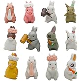 Pinenjoy 12Pcs Mini Rabbit Figurines with Wooden Hammer and Garland Miniature Easter Bunny Figures Small Resin Rabbit Cake Toppers for DIY Gift Fairy Garden Dollhouse Micro Landscape Decors