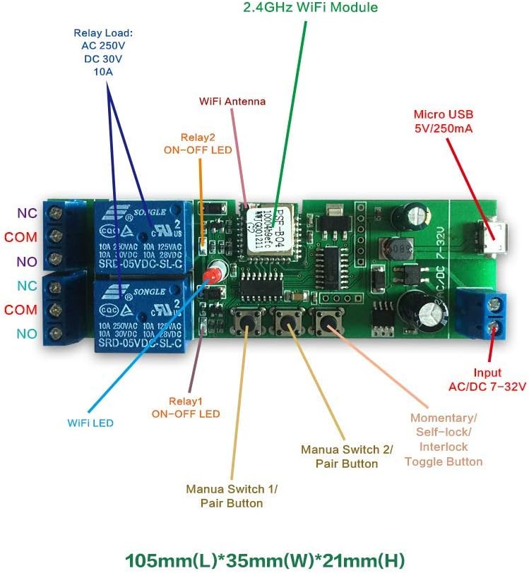 MHCOZY Ewelink WiFi Relay Switch,Self-Locking/Momentary Timer WiFi Switch Module,Compatible with Alexa Google Assistant (2CH) - Image 4