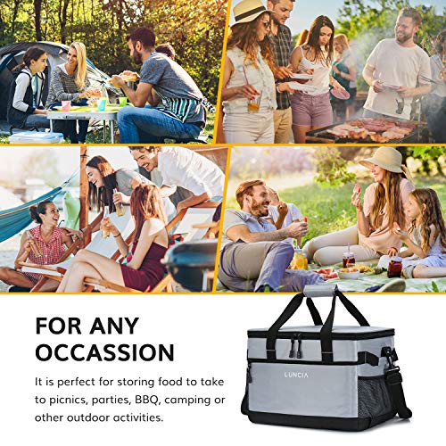 LUNCIA 33L Leakproof Collapsible Cooler Bag, Insulated Cooling Bag Portable Tote, 60 Can Soft Sided Cooler for Picnic, Camping, Hiking, Grey