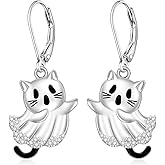 Ghost Earrings for Women Black Cat Earrings Halloween Dangle Cute Ghost Face Earrings Dangly Sterling Silver Leverback Earring Jewelry Charistmas Gifts