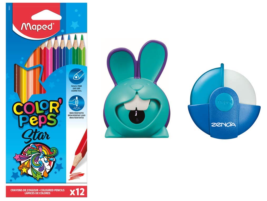 Maped Colouring Kit - 12 Colour'Peps Pencils + Blue Zenoa Eraser + Blue Rabbit Croc Pencil Sharpener