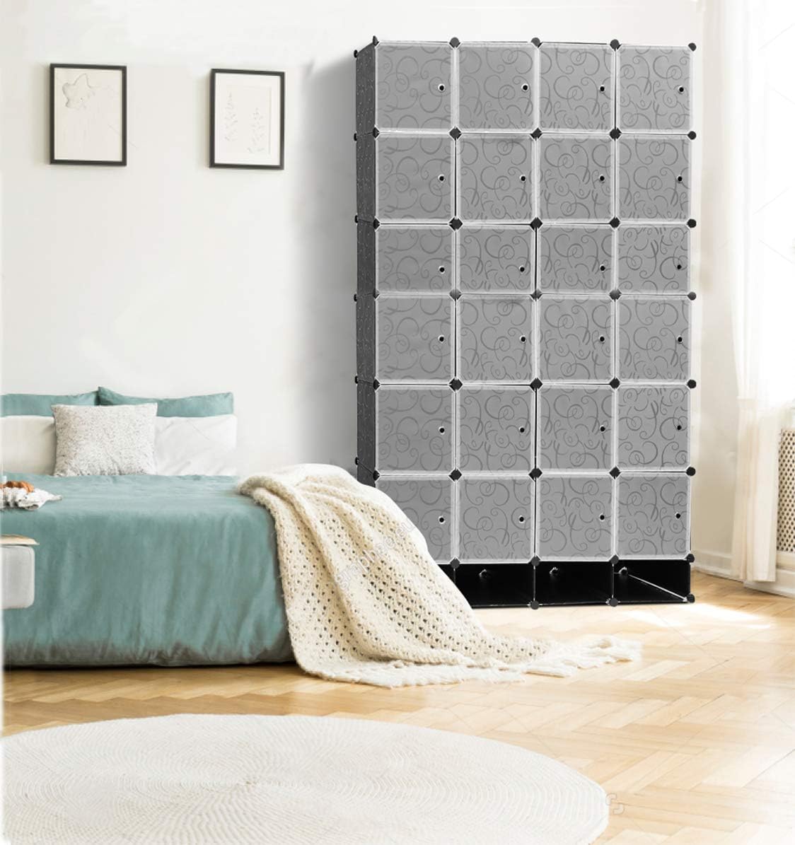 YODOLLA Wardrobe Easy Assembly DIY 24 Cube with 6 Shoe Cabinets Modern Portable Wardrobe Closet Clothes Toys Organizer Storage Space Saving Deeper Cube with Hanging Rod（210.8x157.5x45cm）