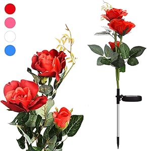 KIYA Rose Flowers Solar Garden Lights Outdoor- LED Lights Waterproof- for Garden Patio Backyard,Pathway Decorations-Red