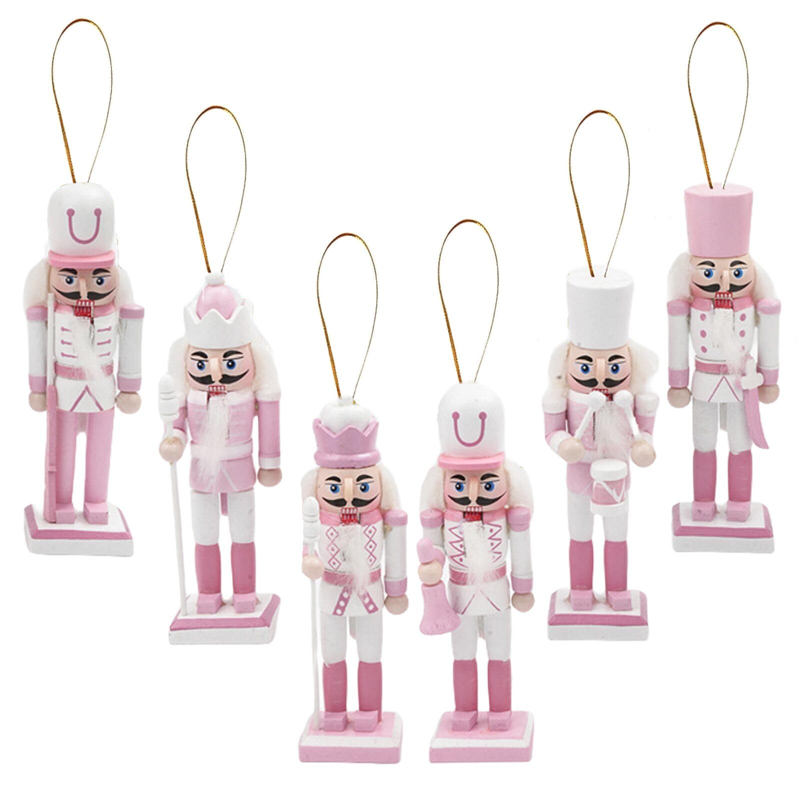 6p 12cm Pink Wooden Christmas Nutcracker Soldiers,Pink Christmas Ornaments,Christmas Tree Decorations Mini Nutcracker Figures Hanging Xmas Figures Puppet Soldiers Gifts Toy for Tree Decorations