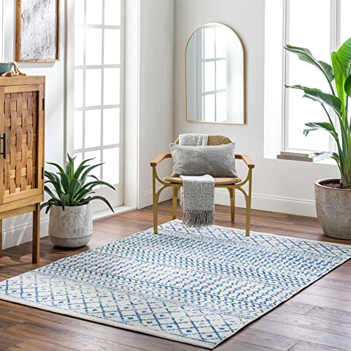 Livabliss Chester Boho Moroccan Area Rug, 7’10” Square, Cream/Royal Blue