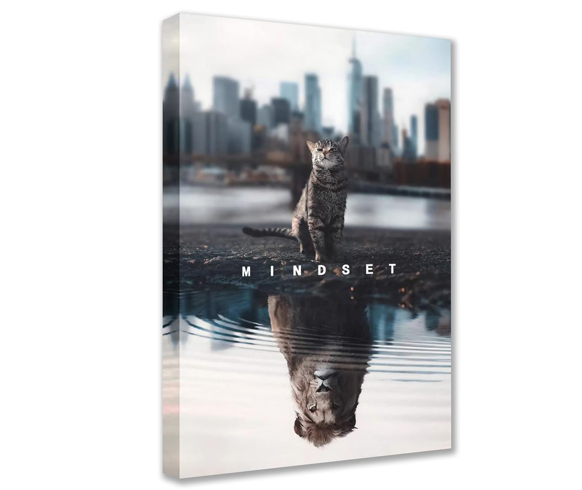 Mindset is Everything Motivational Canvas Wall Art Inspirational Entrepreneur Quotes Poster Small Cat Big Tiger Painting for Living Room Bedroom Office Framed Ready to Hang 16''Wx24''H