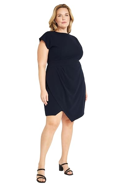 DONNA MORGAN WOMEN’S DRESSES SLEEK FAUX WRAP DRESS WITH ASYMMETRIC SKIRT OFFICE WORKWEAR EVENT GUEST OF, DOLMAN – TWILIGHT NAVY, 22