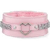 ADEMISHIA Pink Furry Heart O-ring Leather Choker Collar For Women, Handmade Punk Gothic Letter Necklace Adjustable Fashion Jewelry