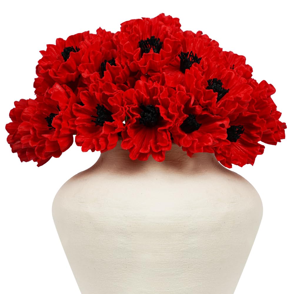 Photo 1 of Melorca&Guilla Artificial Flowers,24Pcs 13.5inch Red Poppy Fake Flowers,Real Touch Faux Flowers, Spring Décor Fake Silk Flowers for Wedding Kitchen Shop Office Home Décor (24, Red Cornpoppy)