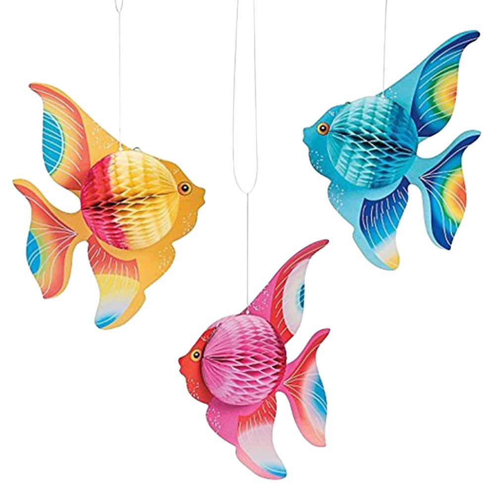 YeahiBaby 6pcs Tissue Paper Fish Tropical Fish Decoration Hanging Ornament Party Supplies (Gold + Pink + Blue)
