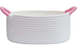 Yimi's Dream Baskets for Gifts Empty, Small Storage Baskets for Shelf, Decorative White Woven Baskets with Pink Handle for Mom, Nursery, Baby Shower, Christmas(Oval, 12"x 8"x 5")