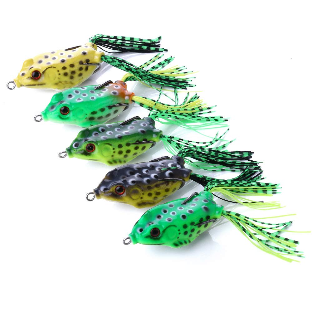 OriGlam 5pcs Topwater Frog Lures - Hollow Body 3D Eyes Frog Lure Weedless Swimbait for Bass, Pike, Snakehead, Dogfish, Salmon, Musky
