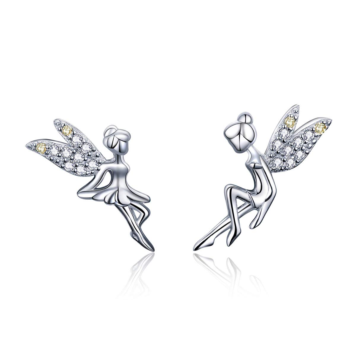 CZ Fairy Stud Earrings for Women Girls S925 Sterling Silver 18K White Gold Plated Asymmtric Two-Tone Cubic Zirconia Crystal Tinkerbell Angle Wings Tiny Stud Hypoallergenic Jewelry Gift for Child