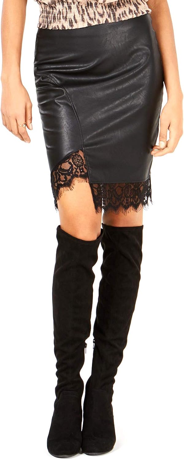 Bar III Womens Faux Leather Lace Trim Skirt at  Women’s Clothing store