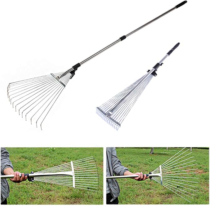 Yard Rake Metal Collapsible Rake Adjustable Folding Garden Telescopic