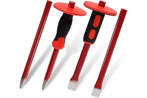 CYEAH 12 Inch Heavy Duty Masonry Chisel Set, 4 PCS Chisels Set with Hand Protection, 2 PCS Flat Chisel & 2 PCS Pointed Chisel for Concrete/Mason/Stone Demolishing Carving Splitting Breaking