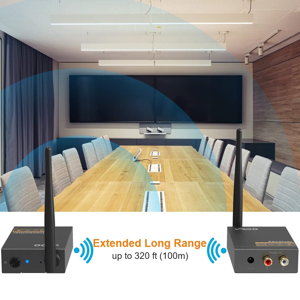 YMOO 2.4Ghz Wireless Audio Transmitter Receiver,192kHz/24bit HiFi Audio,20ms Ultra Low Latency,320ft Long Range RCA Jack Adapter for Speaker/soundbar to TV/PC/CD Player/Computer/Projector