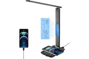 poukaran LED Desk Lamp with Wireless Charger, USB Charging Port, Table Lamp with Clock, Alarm, Date, Temperature, Desk Lamps for Home Office,Black