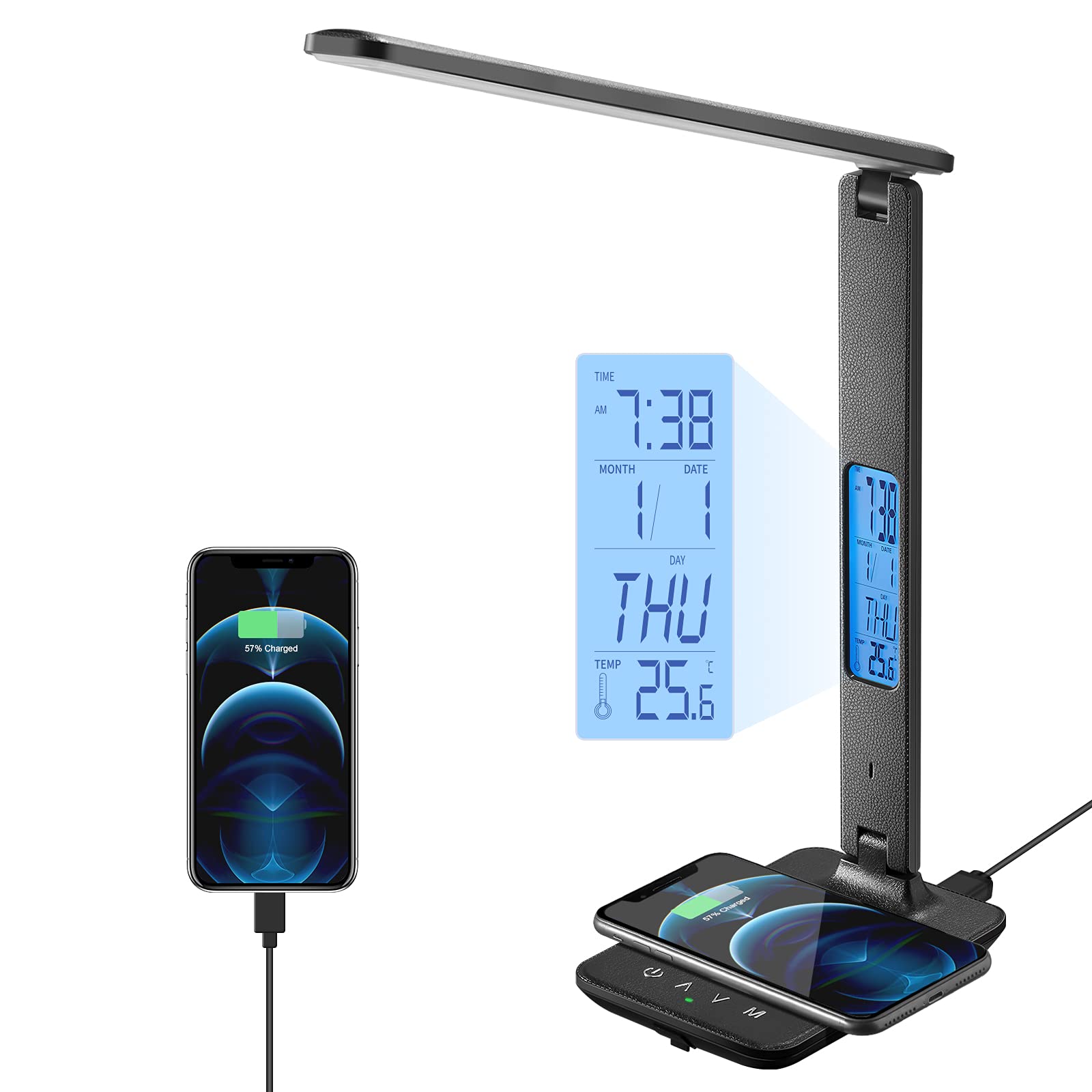 Photo 1 of poukaran LED Desk Lamp with Wireless Charger, USB Charging Port, Table Lamp with Clock, Alarm, Date, Temperature, Desk Lamps for Home Office,Black